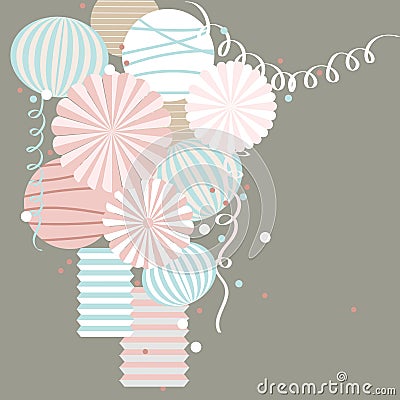 Vector background with paper Pom Poms, lanterns Vector Illustration