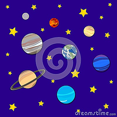 Vector Background with Planets and Stars, Cosmic Backdrop, Paper Art. Vector Illustration