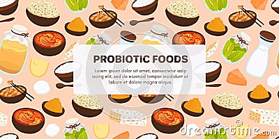 Vector background with probiotic foods. Best sources of probiotics. Beneficial bacteria improve health. Design for label Vector Illustration