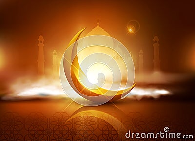 vector background for Ramadan holiday with clouds, mosque, crescent .A template for a banner, postcards. Vector Illustration