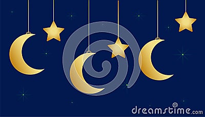 Vector background for the Ramadan holiday. Golden stars and moon on a blue background Vector Illustration