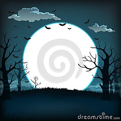 Dark blue night background with full super moon, clouds, bats and Vector Illustration