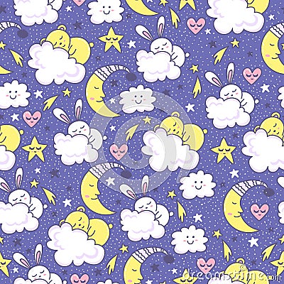 Vector background with sleeping bunny and bears, moon, hearts, clouds and stars. Vector Illustration