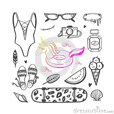 Vector background of Summer fashion trends for woman and girls. Beach, ocean modern style. Hand drawn fashion Vector Illustration