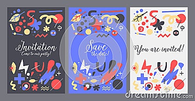 Vector background template with funky hand drawn elements. Can be used for party, birthday, invitations and weddings. Vector Illustration