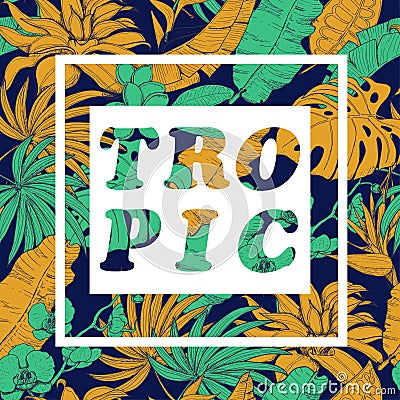 Vector background with tropical plants and flowers on dark background Vector Illustration