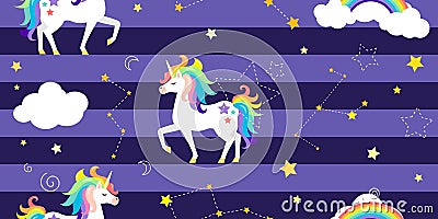 Vector background with unicorns, rainbow, constellations and other elements. Vector Illustration