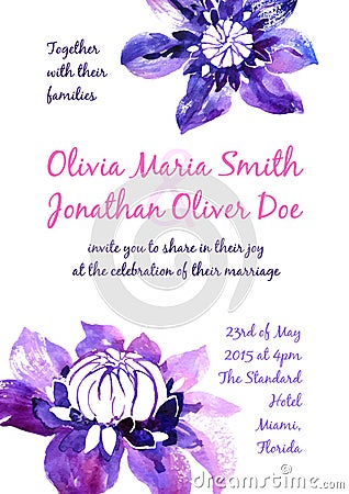 Vector background with watercolor clematis for wedding invitation Vector Illustration