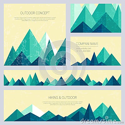 Mountains in low poly style. Set of stylish outdoor card templates. Vector Illustration