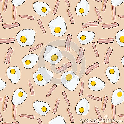 Vector bacon and eggs illustration. Breakfast meal in cafe pattern. Morning traditional omelette food. Early background Vector Illustration