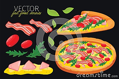 vector bacon pizza. Fast food set. Vector Illustration