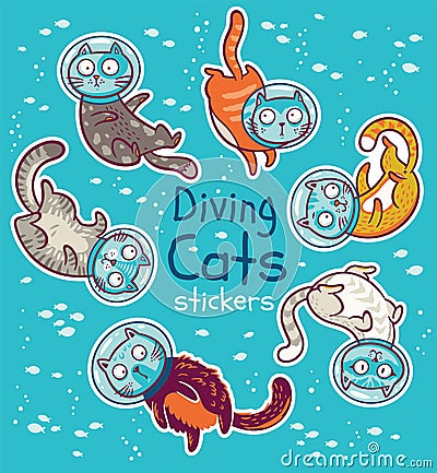 Vector badge with diving cats in ocean. Stickers kit Vector Illustration