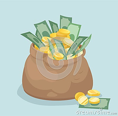 Vector bag with coins and banknotes. Flat style Vector Illustration