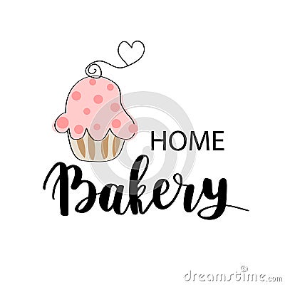 Vector Bakery, dessert shop or bakehouse logo, tag or label design. Home baking logotype lettering phrase and cute pink cupcake Stock Photo