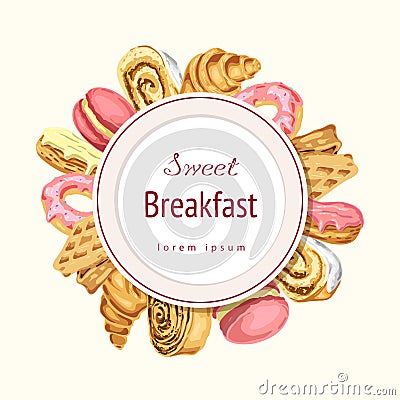 Vector bakery or pastry label, round composition, badge in gentle pastel colors with sweets. sweet breakfast Vector Illustration