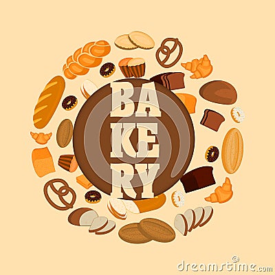 Vector bakery shop poster design template with bread, sweet bun, cookies, croissant, cake, donut Vector Illustration