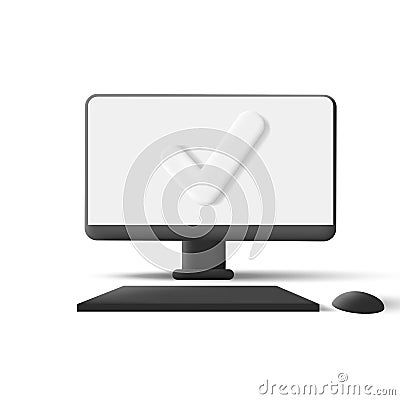 Vector balck monitor with keyboard and computer mouse 3d render illustration with white screen and tick on it Vector Illustration