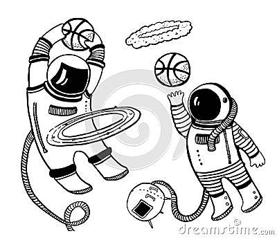 Vector balck and white cartoon illustration with two asronauts playing basketball in space with planet ring Vector Illustration