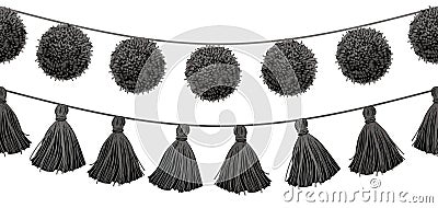 Vector Balck and White Tribal Pom Poms and Tassels Set On A String Horizontal Seamless Repeat Border Pattern. Great for Vector Illustration