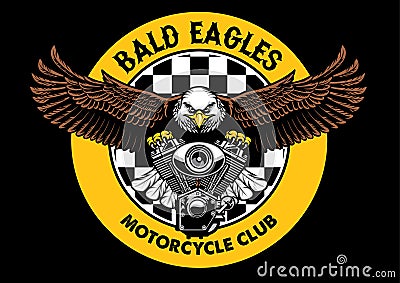 Bald eagle badge grip the motorcycle engine Vector Illustration