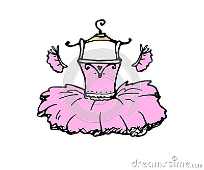 Vector ballet tutu on a hanger. hand-drawn ballerina dress on a hanger, pink color for the logo, labels and packaging Vector Illustration