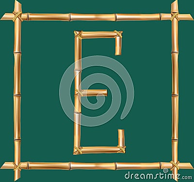 Capital letter E made of realistic brown dry bamboo poles inside of wooden stick frame Vector Illustration