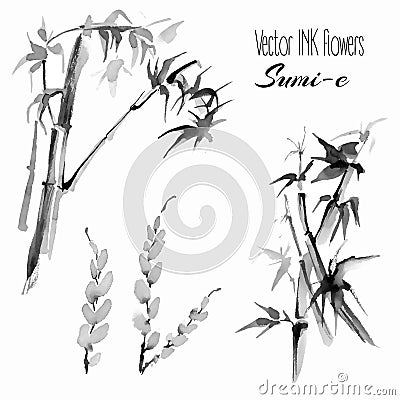 Vector bamboo and willow, hand drawn ink sumi-e Vector Illustration