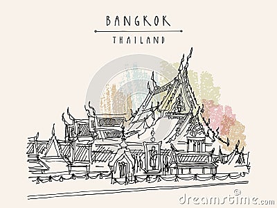 Vector Bangkok, Thailand, postcard in retro style. Wat Suthat Buddhist temple in the Thai capital Krungthep Mahanakorn. Travel Stock Photo