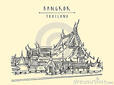 Vector Bangkok, Thailand, postcard in retro style. Wat Suthat Buddhist temple in the Thai capital Krungthep Mahanakorn. Travel Stock Photo