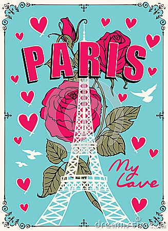 Vector banner with parisian eiffel tower and roses Vector Illustration