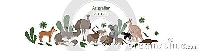 Vector banner, cartoon cute Australian animals with leaves and flowers. Quoll, redback spider, kiwi, numbat, platypus Vector Illustration