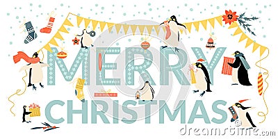 Vector banner for Christmas and with funny penguins, decorations and gifts on the background of the congratulatory text Vector Illustration