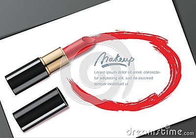 Vector banner design template with red lipstick and lipstick smears frame, on white. Beauty and makeup. Vector Illustration