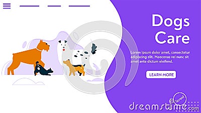 Vector banner of dogs care concept. Puppies of different breeds standing Vector Illustration