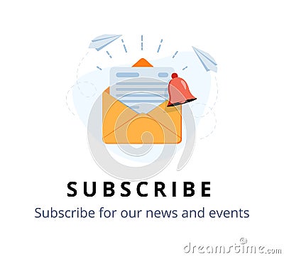 Vector banner of email marketing. Subscription to newsletter, news, offers, promotions. A letter in an envelope. Vector Illustration