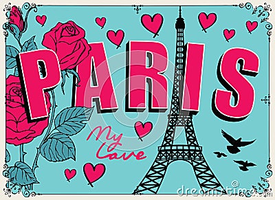 Vector banner with famous eiffel tower and roses Vector Illustration