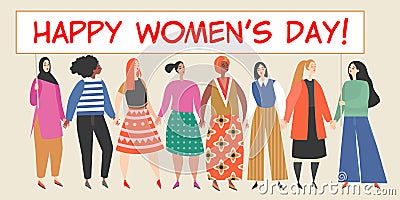 Vector banner with a group of women holding a big placard with congratulations to the International Women`s Day Vector Illustration