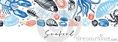 Vector banner with hand drawn Seafood illustrations. Fresh fish, lobster, crab, oyster, mussel, caviar, sushi, shrimps sketches. Vector Illustration