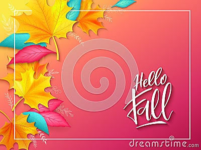 Vector banner with hand lettering label - autumn - and realistic bright leaves Vector Illustration