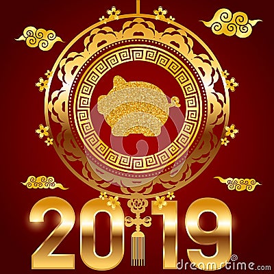 Vector banner with a illustration of funny porky, symbol of 2019 on the Chinese calendar. Yellow Earthy Pig, chine lucky. Element Cartoon Illustration