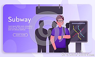 Vector banner illustration man passenger in subway Vector Illustration