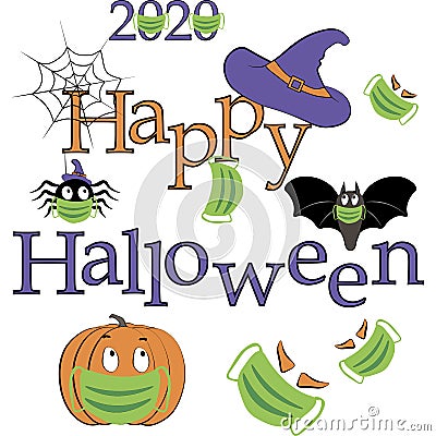 Vector banner illustrations Happy halloween quarantine Bat hat spider with cobwebs masks Letters Angry and funny pumpkin Vector Illustration