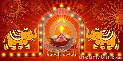 Vector banner India Diwali, Deepavali festival of lights, red background Dipavali with gold ornaments elephants, fire glowing lamp Vector Illustration