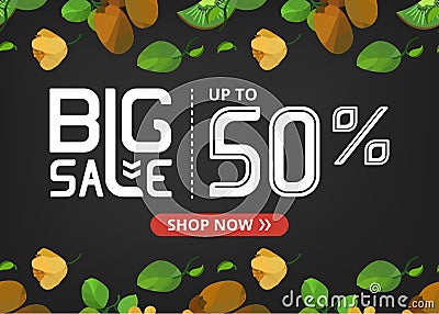 Vector banner with lettering big sale up to fifty percent shop now and kiwi with flower Vector Illustration