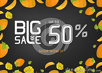 Vector banner with lettering big sale up to fifty percent shop now and persimmon with flower Vector Illustration