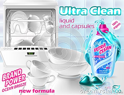 Vector banner with liquid cleaner for dishwasher Vector Illustration