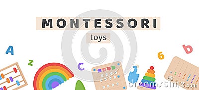 Vector Banner for Montessori school or kindergarden. Children wooden ecological logic toys and busy boards for preschool Vector Illustration