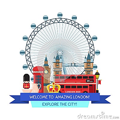 Vector cartoon London sights and objects illustration Vector Illustration