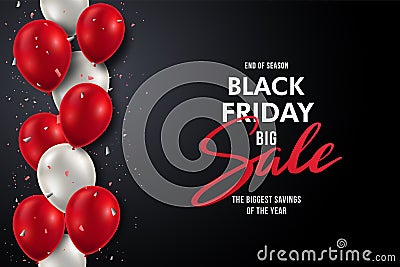 Vector banner with realistic red and white balloons and Sale inscription. Vector Illustration