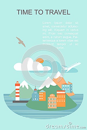 Vector banner with seaside city illustration and text layout Vector Illustration